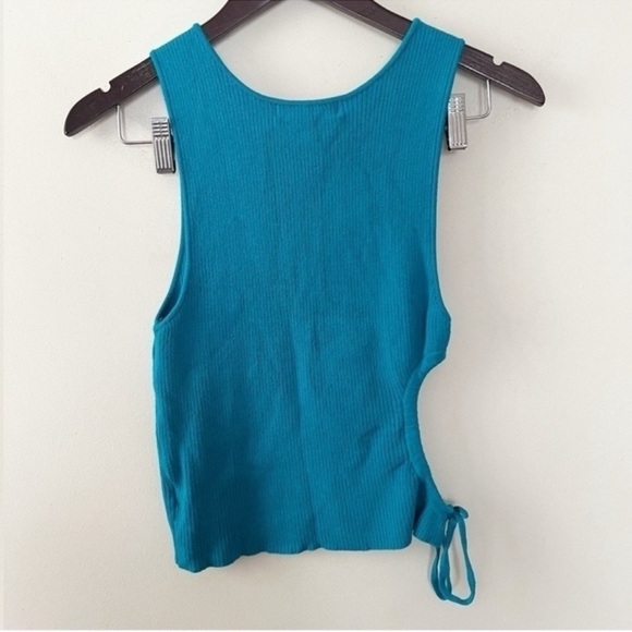 Urban Outfitters Teal Blue Ribbed Knit Cut Out Tank Top Size Large Side Tie NEW - Picture 7 of 7